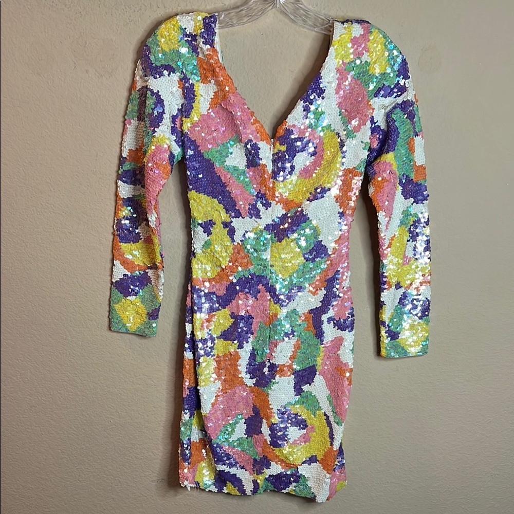 Cache White Orange Bold Vibrant Colors Bodycon‎ Double V-Neck Long Slv NWT $440 - Picture 3 of 12
